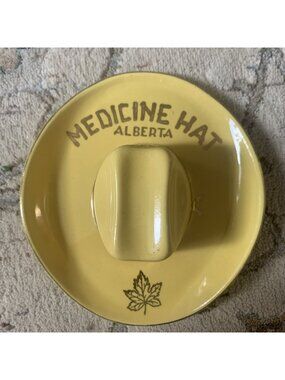 Medicine Hat Alberta Yellow Cowboy Hycroft 22k Gold Ceramic Vintage Souvenir
